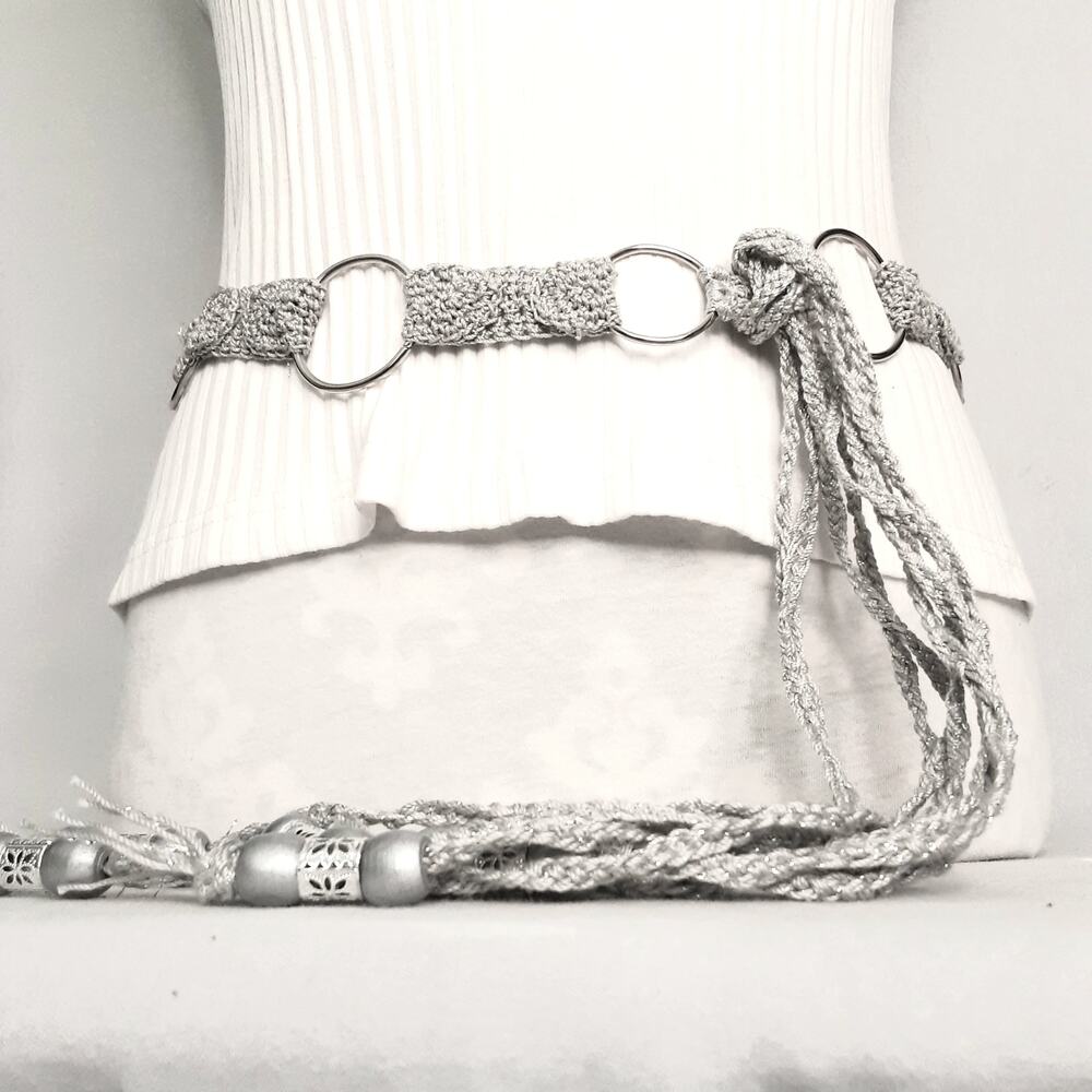 💎Handcrafted Silver Tone Gray Statement Chain Link Belt With Beaded Tassels